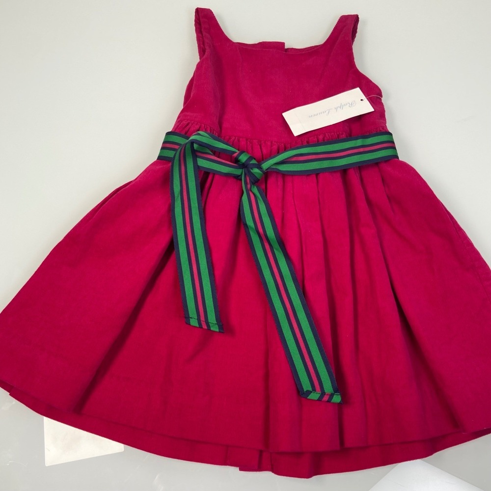 Ralph Lauren Kids 18M Currant Pink Corduroy Dress NEW Holiday Striped Belt Sash